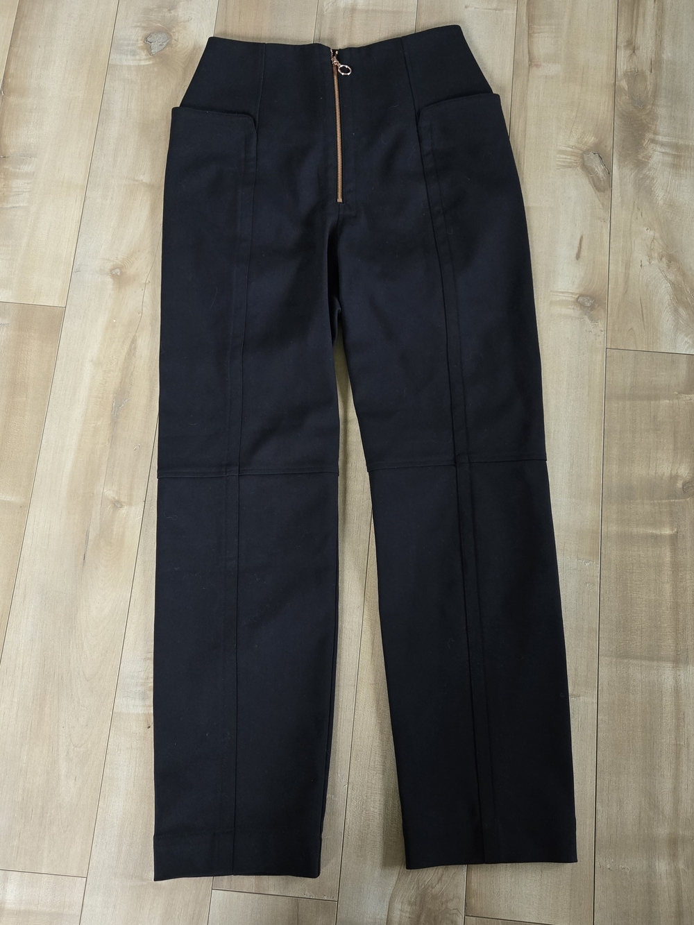Tibi Black City Stretch High Rise Front Zip Pants - Rose Gold Hardware - Size 2